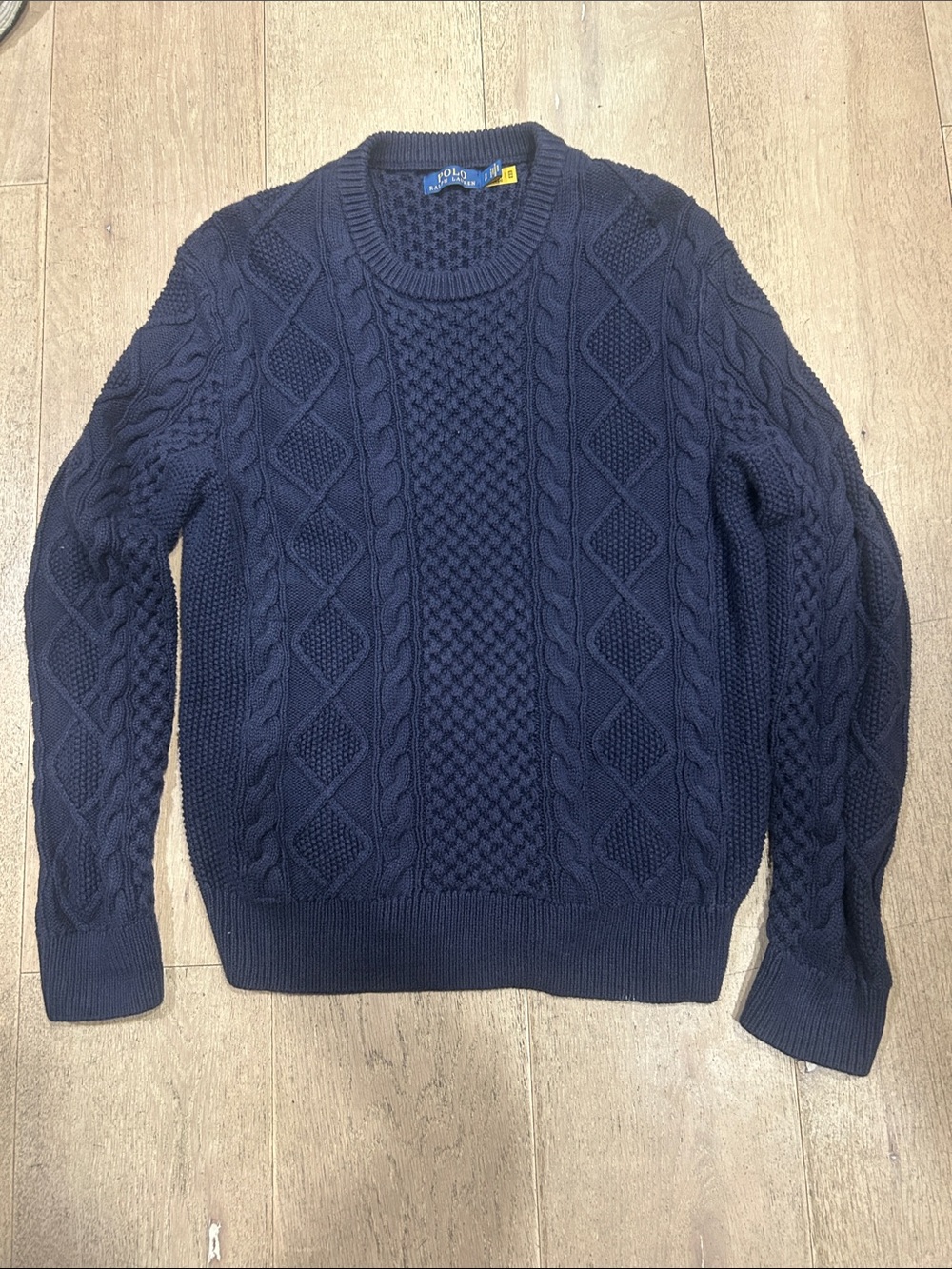 100% AUTHENTIC Polo Ralph Lauren Cable-Knit Cotton Crewneck Sweater Blue Large